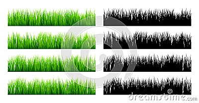 Meadow silhouettes with grass, plants on plain. Green and black panoramic summer lawn landscape with herbs, various Vector Illustration