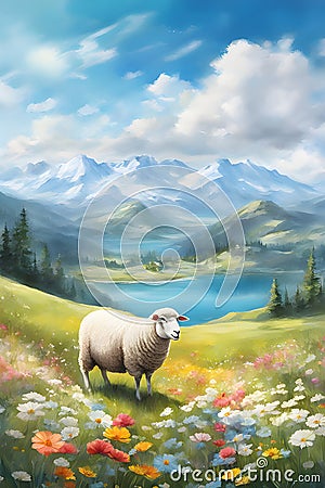 Meadow view in the summer time with colorful flowers, clear lake, animal sheep, blue sky and clouds, watercolor, wallpaper, nature Stock Photo