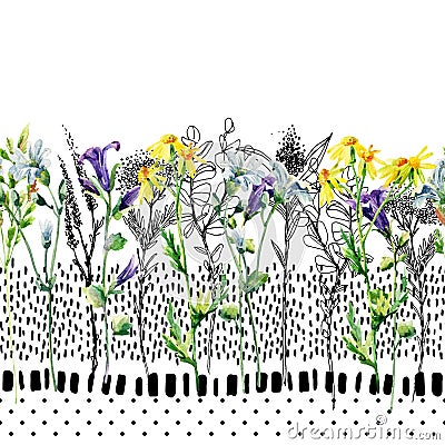 Meadow watercolor and ink flower seamless pattern. Cartoon Illustration