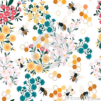Meadow wildflower honeybee seamless pattern. Vector Illustration