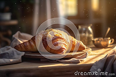 wooden cup croissant bakery food bokeh breakfast morning drink background table background. Generative AI. Stock Photo