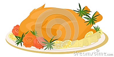 Meal on dish, roasted turkey Vector Illustration
