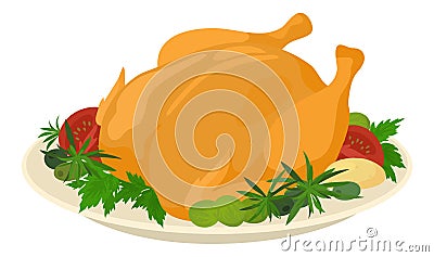 Meal on dish, roasted turkey Vector Illustration