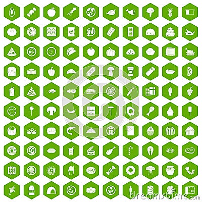 100 meal icons hexagon green Vector Illustration