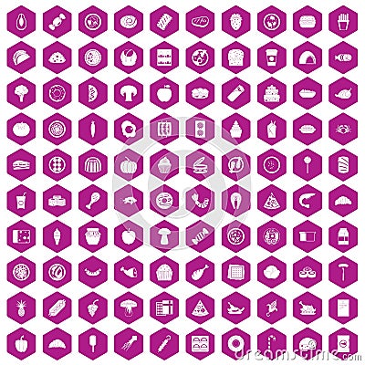 100 meal icons hexagon violet Vector Illustration