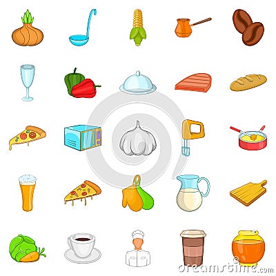 Meal icons set, cartoon style Vector Illustration