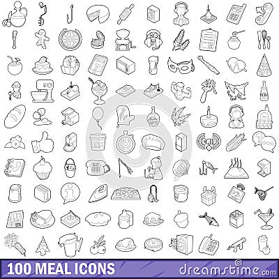 100 meal icons set, outline style Vector Illustration