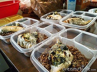 Meal prep of baked chicken with buckwheat Stock Photo