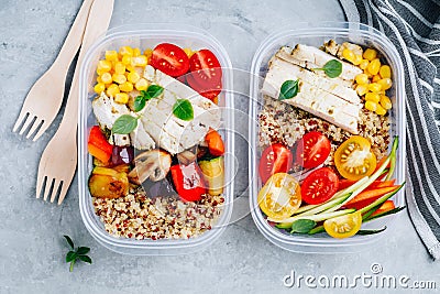 Meal prep l containers with quinoa, grilled and fresh vegetables and chicken Stock Photo