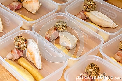 Meal prep. Part filled containers. Roast chicken dinners. Stock Photo