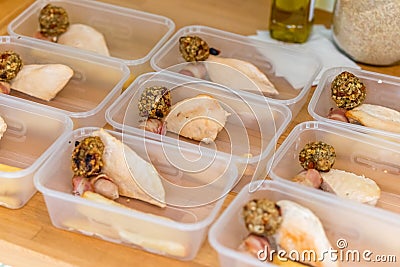 Meal prep. Part filled containers. Roast chicken dinners. Stock Photo