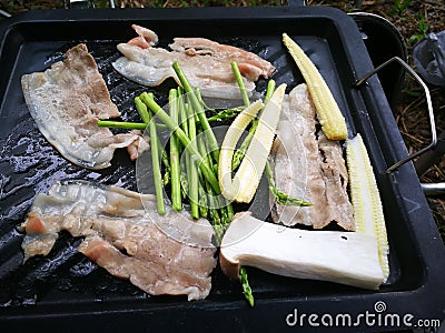 Meal prok and vegetable BBG Grilled Stock Photo