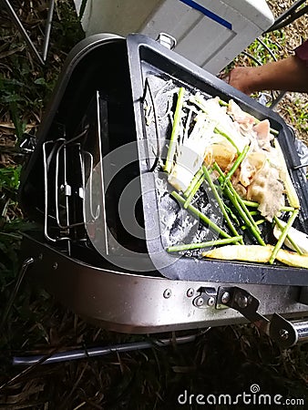 Meal prok and vegetable BBG Grilled Stock Photo