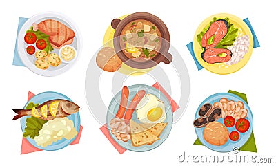 Meal Served on Plate with Napkin Rested Underneath it Top View Vector Set Vector Illustration