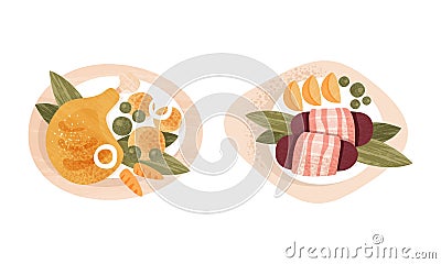 Meal Served on Plate Set, Healthy Traditional Food Dishes, Fried Drumstick and Cutlet with Potato Cartoon Vector Vector Illustration