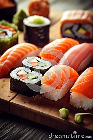 fish sushi japanese japan food roll meal set seafood rice. Generative AI. Stock Photo