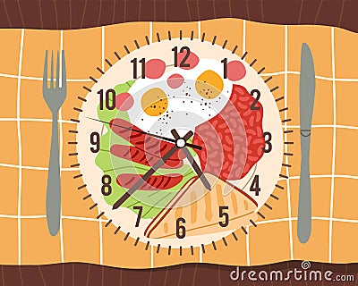 Meal time. Daily Nutrition balance, plate of food in form of clock top view, knife and fork, healthy lifestyle proper Vector Illustration