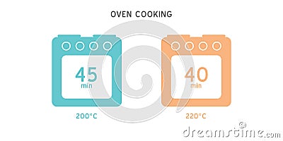 Meal Timer logo design. 5 minutes cook in boiling saucepan, fry pan, microwave watt and oven cooker Vector Illustration