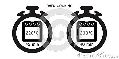Meal Timer logo design. 5 minutes cook in boiling saucepan, fry pan, microwave watt and oven cooker Vector Illustration