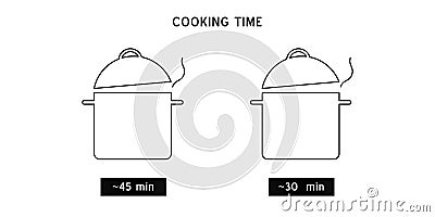 Meal Timer logo design. 5 minutes cook in boiling saucepan, fry pan, microwave watt and oven cooker Vector Illustration