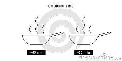 Meal Timer logo design. 5 minutes cook in boiling saucepan, fry pan, microwave watt and oven cooker Vector Illustration