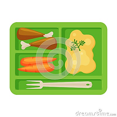 Meal Tray Filled with Mashed Potato, Chicken Drumsticks and Carrots, Healthy Food For Kids And Students, View from Above Vector Illustration