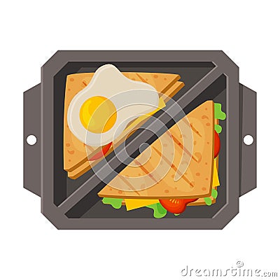 Meal Tray Filled with Sandwiches and Fried Egg, Healthy Food For Kids And Students, View from Above Flat Vector Vector Illustration