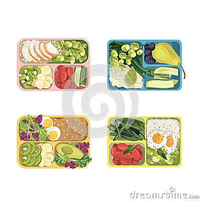 Meal Trays Filled with Food for Lunch Collection, Healthy Food For Kids And Students, View from Above Flat Vector Vector Illustration