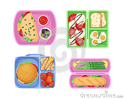 Meal trays with healthy balanced food for children set Stock Photo