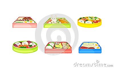 Meal trays with healthy food set. School lunch for students vector illustration Vector Illustration