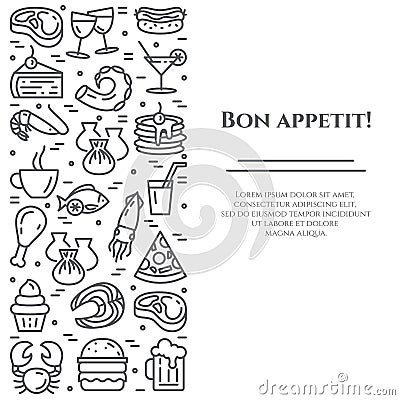 Meals theme horizontal banner. Pictograms of pie, steak, fish, tea, wine, shrimp, pizza and other restaurant food related pictogra Cartoon Illustration