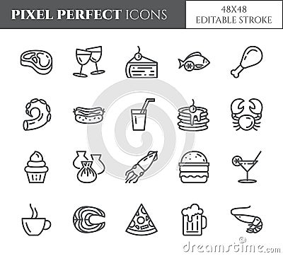 Meals theme pixel perfect thin line icons. Set of elements of pie, steak, fish, tea, wine, shrimp, pizza and other restaurant food Vector Illustration