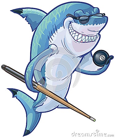 Mean Cartoon Pool Shark with Cue and Eight Ball Vector Illustration