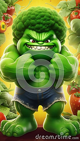 Mean Green Fighting Machine Superhero with Broccoli Head on Green Vegetables Background. Generative ai Cartoon Illustration