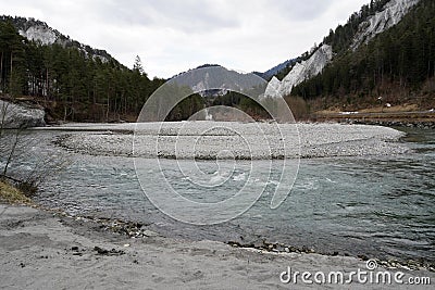 Meander in the Anterior Rhine in the bottom of Ruinaulta ravine or gorge in Switzerland. Stock Photo