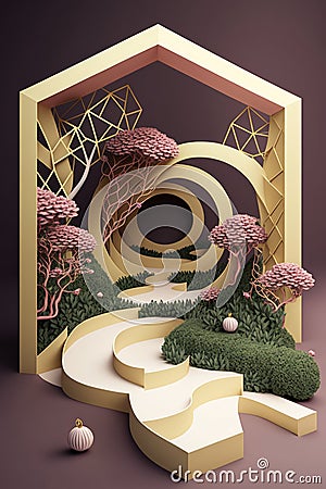 meandering path and a secret garden background for cosmetic products, mock up pedestal AI generation Stock Photo