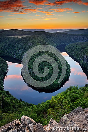 Meanders of river Vltava near Prague, famous vantage point of beatiful Czech Landscape during sunset. Stock Photo