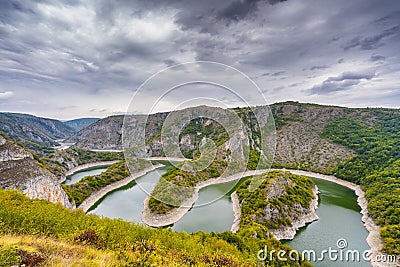 Meanders at rocky river Uvac gorge on sunny day, southwest Serbia Stock Photo
