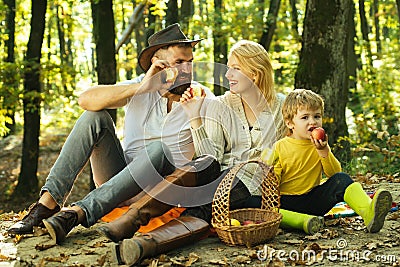 Meaning of happy family. United with nature. Family day concept. Happy family with kid boy relaxing while hiking in Stock Photo