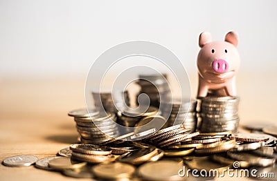Meaning of saving money concept with piggy bank over the coins Stock Photo