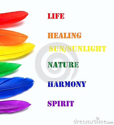 Meanings of LGBT flag colors. LGBT flag made of rainbow feathers on a white background. Copy space for text or image. Stock Photo