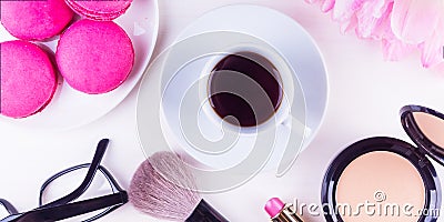 Panoramic mocap with a cup of coffee, Cake, powder and lipstick, female morning background Stock Photo