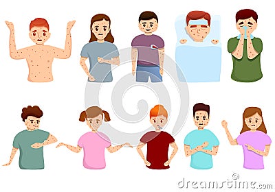 Measles icons set, cartoon style Vector Illustration