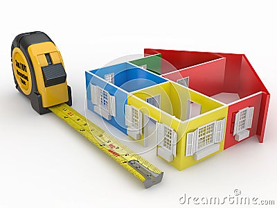 Measure tape and abstract three-dimensional house Stock Photo