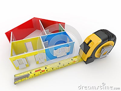 Measure tape and abstract three-dimensional house Stock Photo