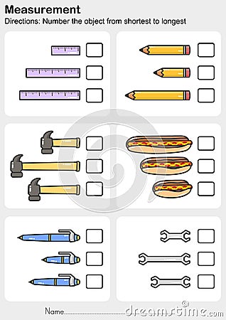 Measurement worksheet - Number the object from shortest to longest Vector Illustration