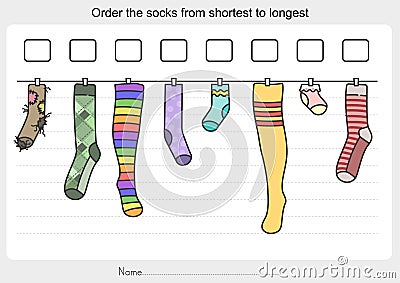 Measurement worksheet - Order the socks from shortest to longest. Vector Illustration