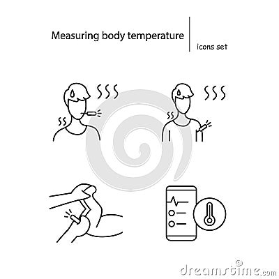 Measuring body temperature icons set, instructive simple line vector illustrations Vector Illustration