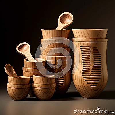 Modern Carved Wooden Design Measuring Cups - Image Creation Stock Photo