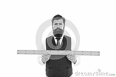 Measuring a line. back to school. bearded man hold ruler isolated on white. Teacher holding metric ruler. preparing for Stock Photo